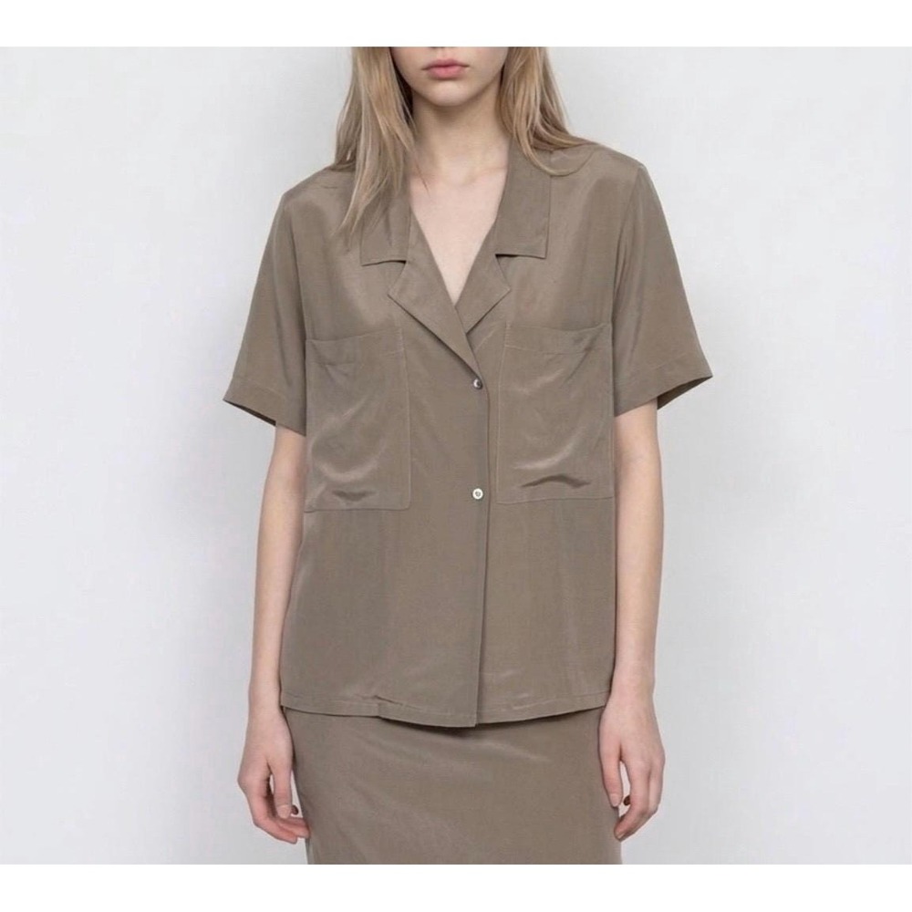 vintage 90s silk blouse Linda Allard Ellen Tracy 6 S M shirt top tan minimalist
